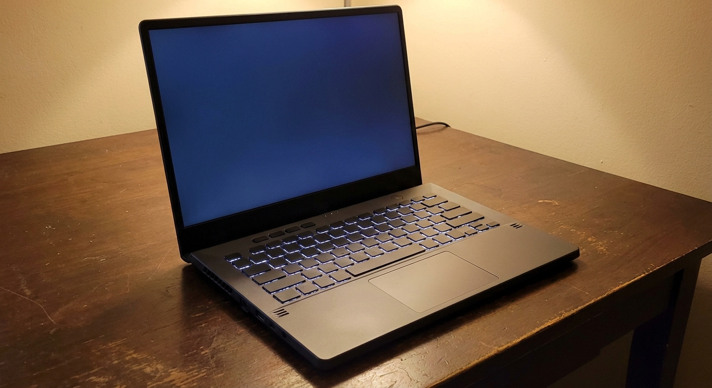 A thin gaming laptop open on a wooden desk with a backlit keyboard and a plain dark blue screen A thin gaming laptop open on a wooden desk with a backlit keyboard and a plain dark blue screen