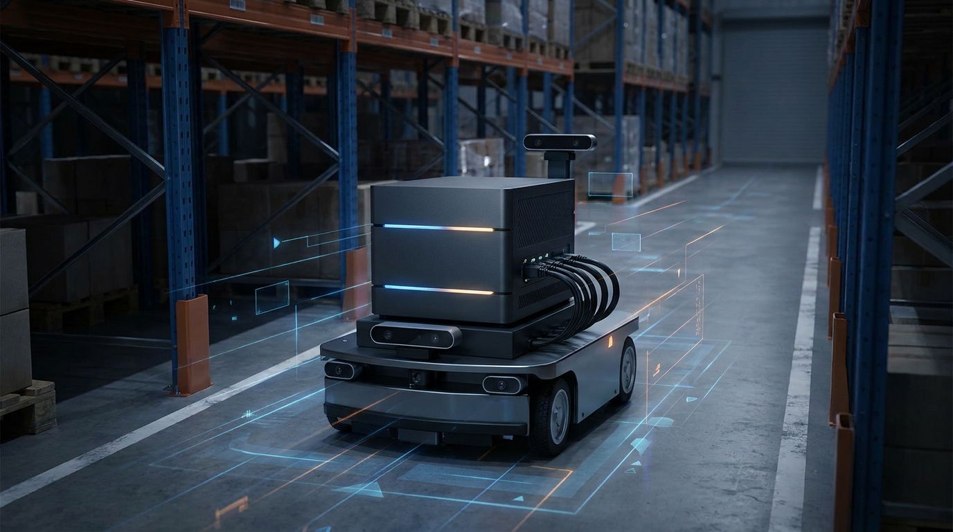 Compact Intel Core Ultra edge AI computer connected to cameras and an autonomous mobile robot in an industrial facility