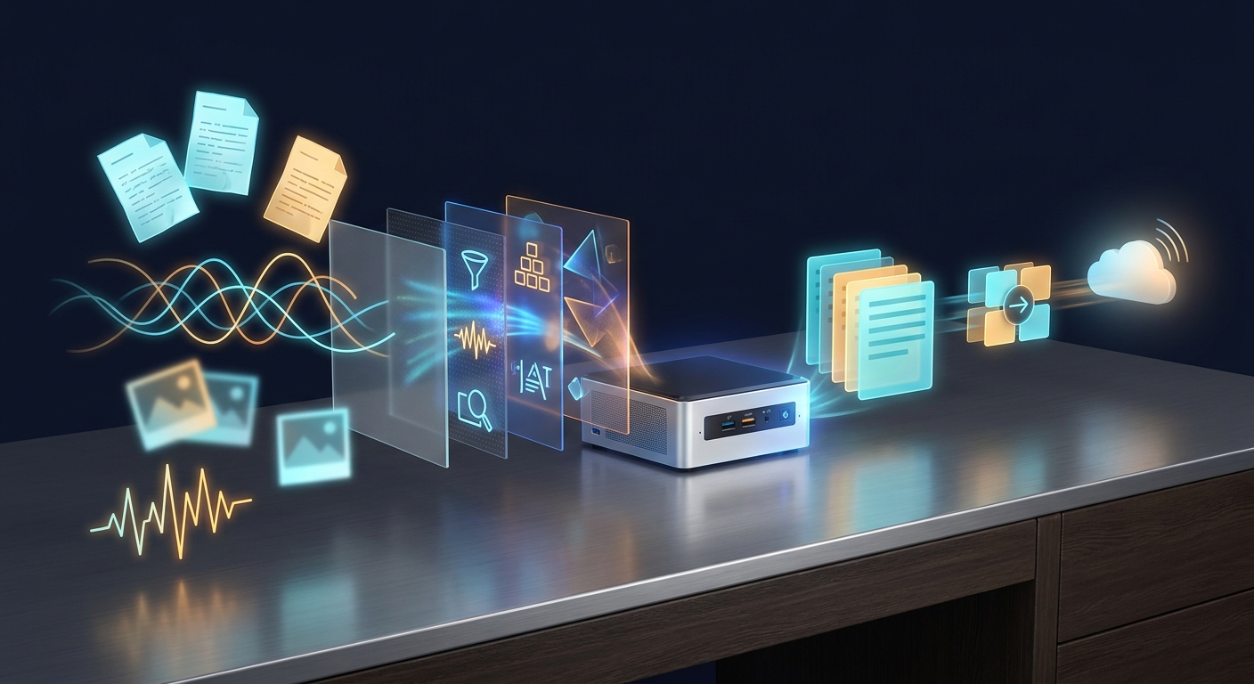 Edge AI pipeline filtering documents, audio, images, and sensor data before sending focused information to cloud inference