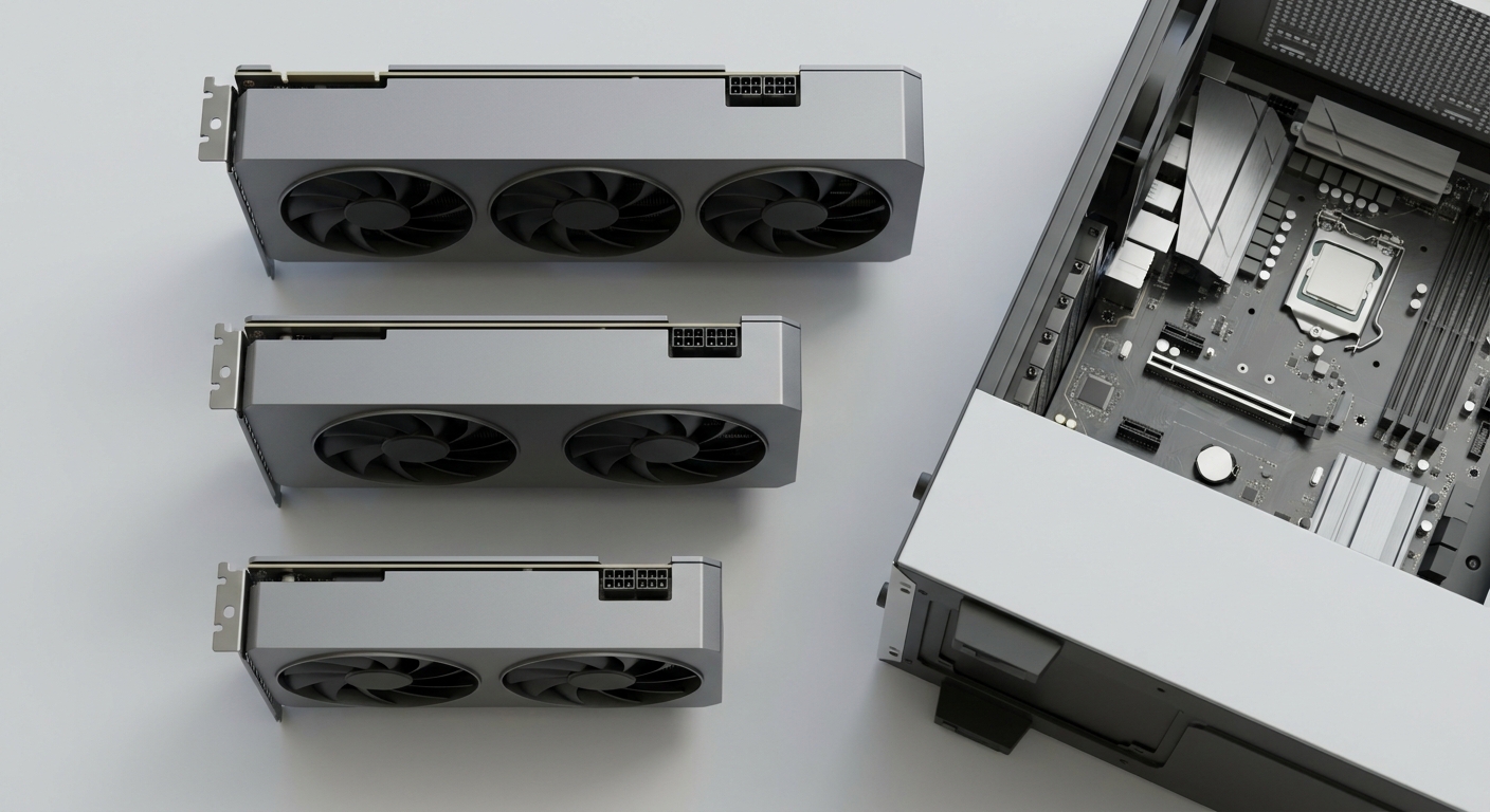 Three desktop graphics cards of different lengths lying side by side on a workbench next to an open mid-tower PC case Three desktop graphics cards of different lengths lying side by side on a workbench next to an open mid-tower PC case