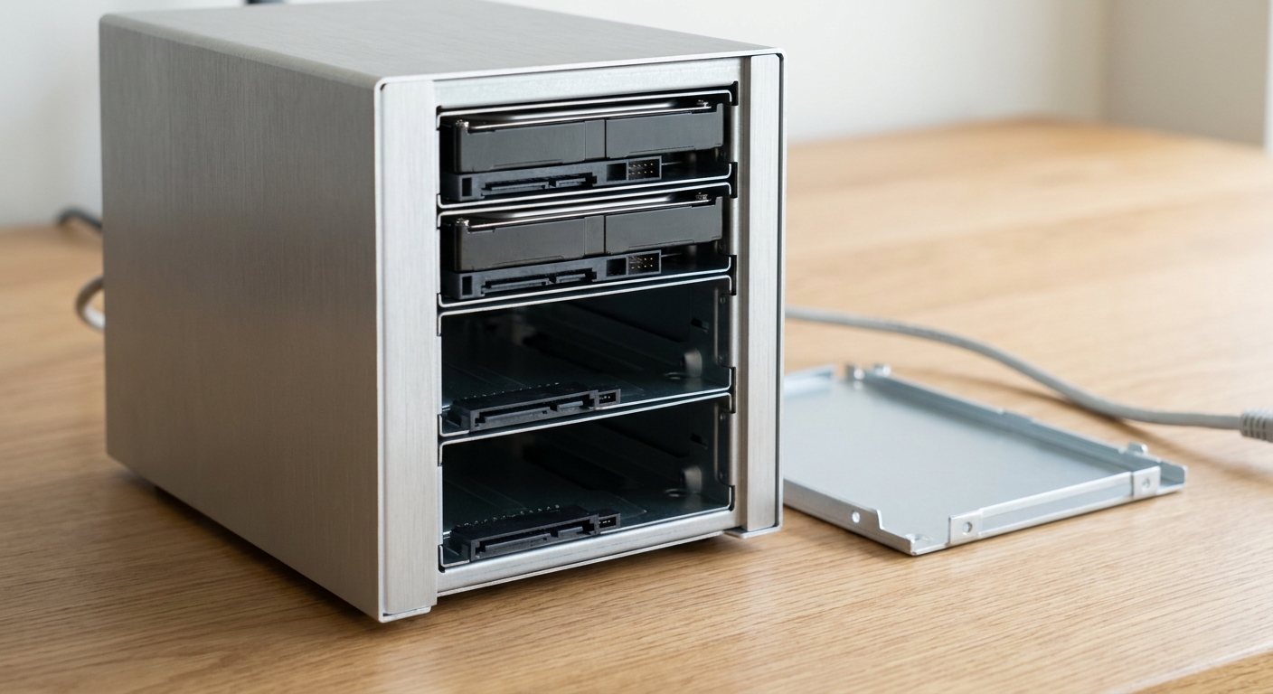 A four-bay desktop network storage enclosure with its front panel removed, showing two installed drives and two empty bays A four-bay desktop network storage enclosure with its front panel removed, showing two installed drives and two empty bays
