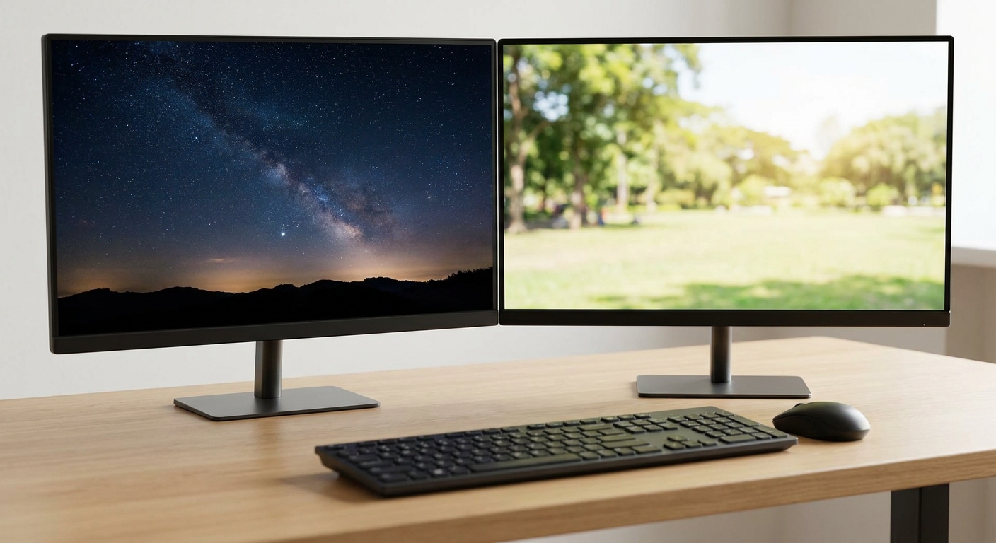 Two gaming monitors side by side on a desk, one displaying a dark scene and one displaying a bright daylight scene Two gaming monitors side by side on a desk, one displaying a dark scene and one displaying a bright daylight scene