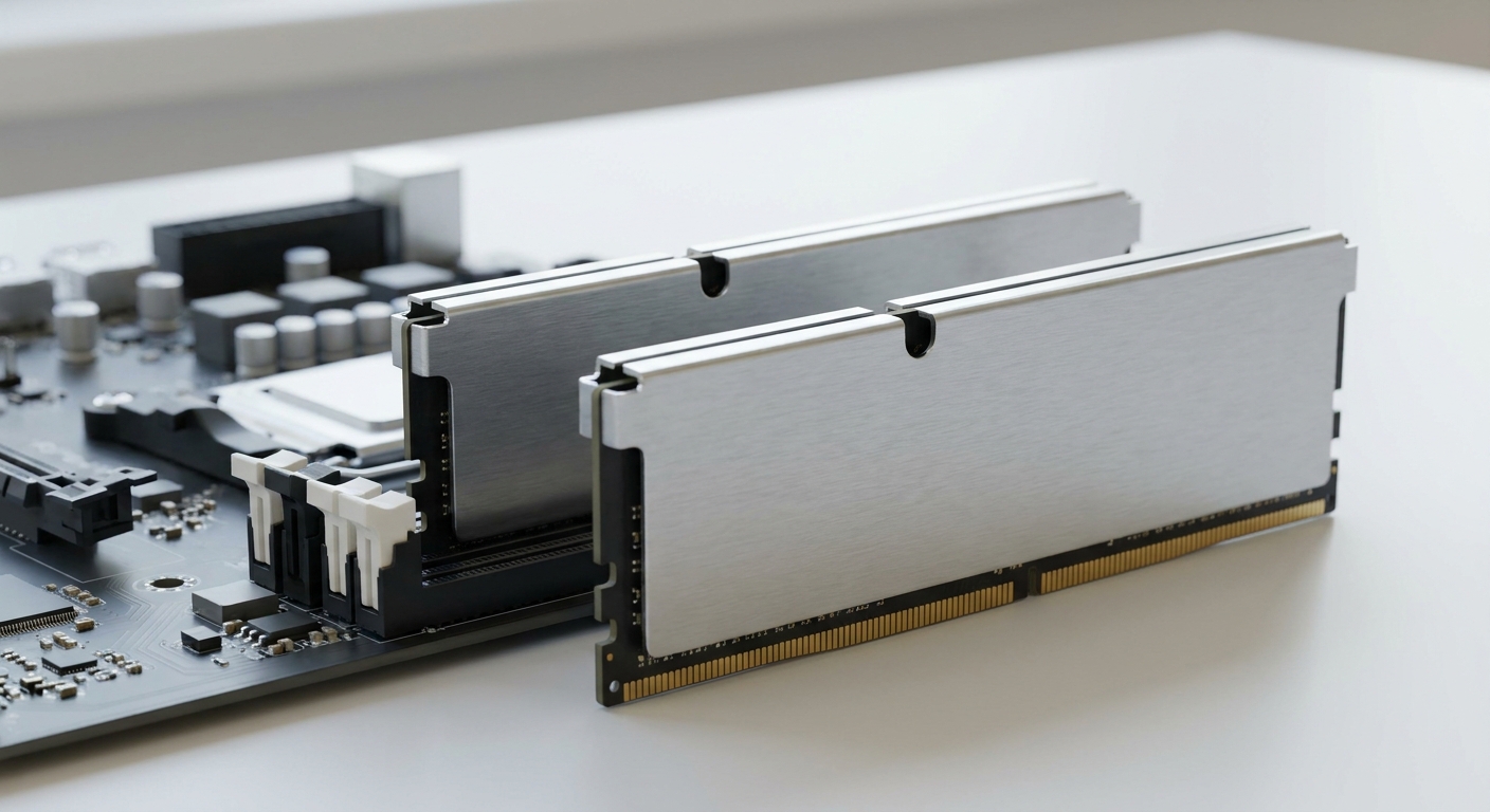 Two DDR5 memory modules with aluminium heat spreaders standing upright beside an open motherboard with two empty DIMM slots Two DDR5 memory modules with aluminium heat spreaders standing upright beside an open motherboard with two empty DIMM slots