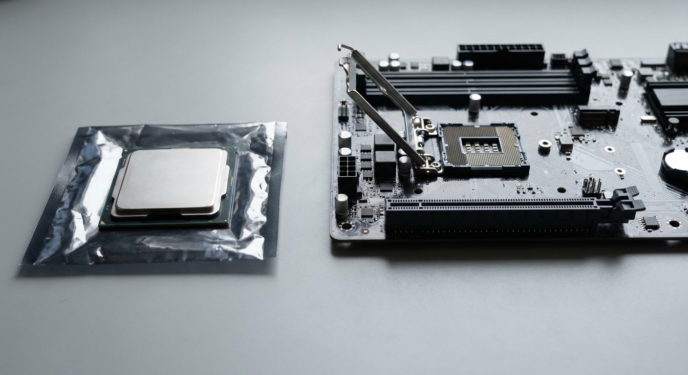 A desktop processor resting contact side down on an anti-static bag beside an open motherboard with an empty PCI Express slot A desktop processor resting contact side down on an anti-static bag beside an open motherboard with an empty PCI Express slot