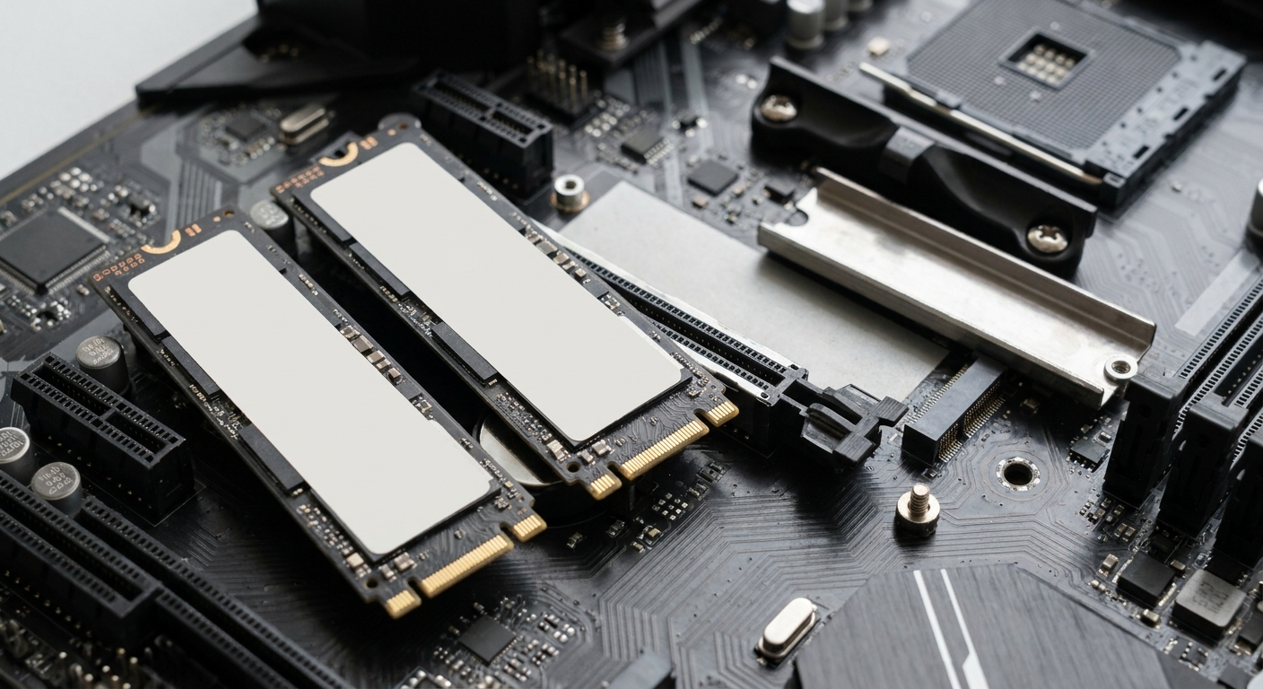 Two M.2 2280 solid state drives lying on a motherboard beside an open M.2 slot with its heatsink cover removed Two M.2 2280 solid state drives lying on a motherboard beside an open M.2 slot with its heatsink cover removed
