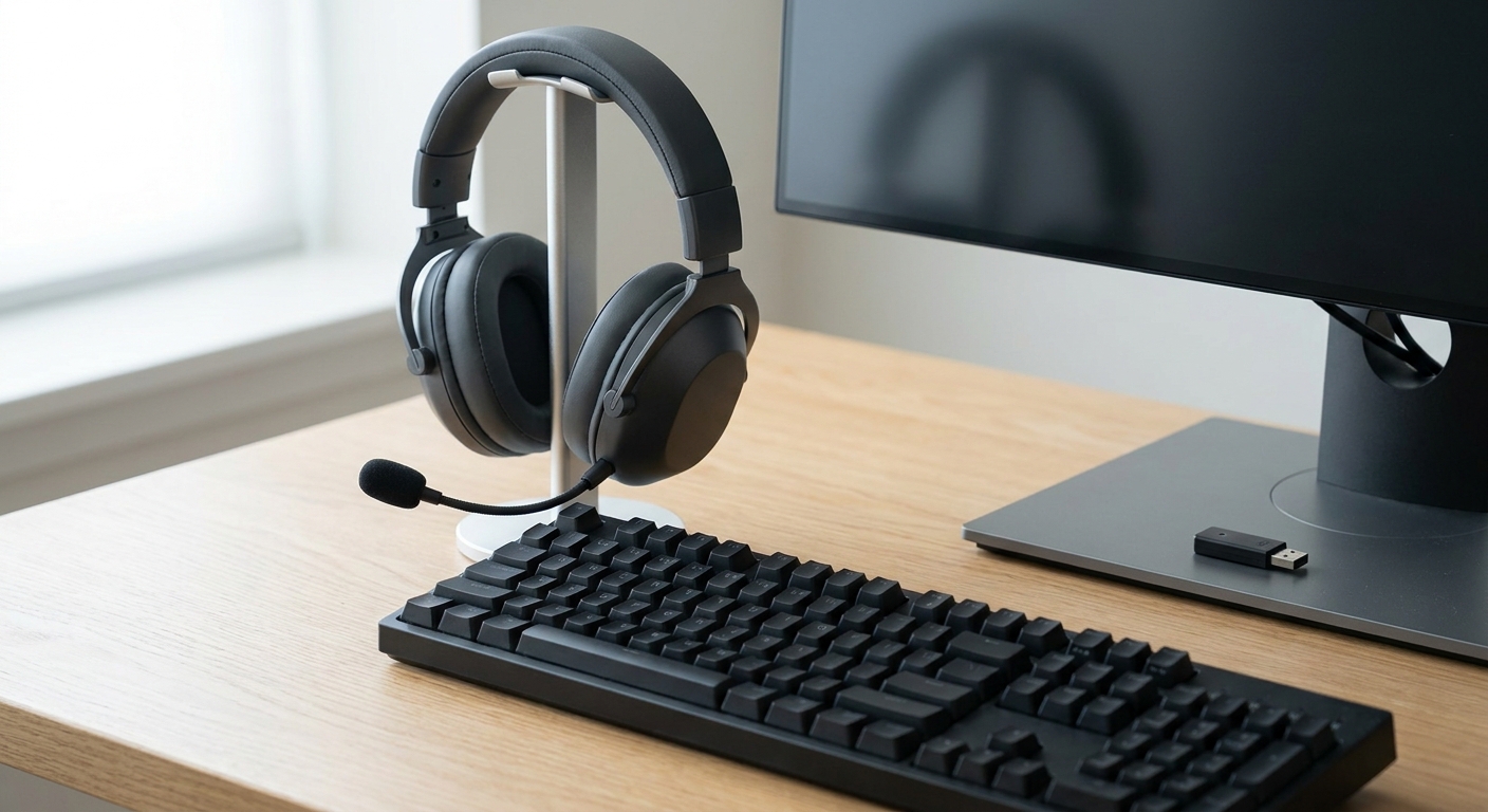 An over-ear gaming headset resting on a desk stand beside a keyboard, with its USB wireless receiver plugged into a monitor An over-ear gaming headset resting on a desk stand beside a keyboard, with its USB wireless receiver plugged into a monitor