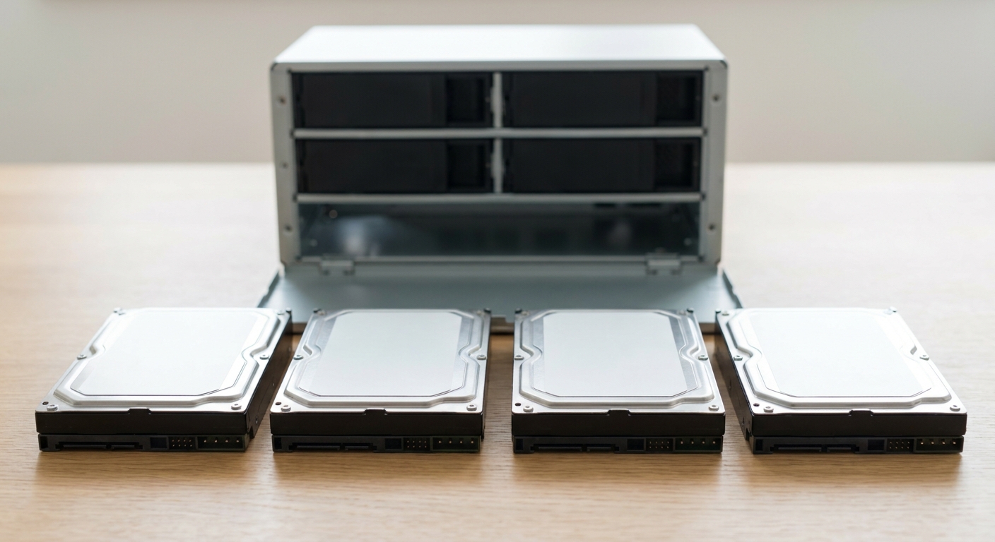 Four 3.5-inch hard drives lying in a row on a desk in front of an open four-bay network storage enclosure