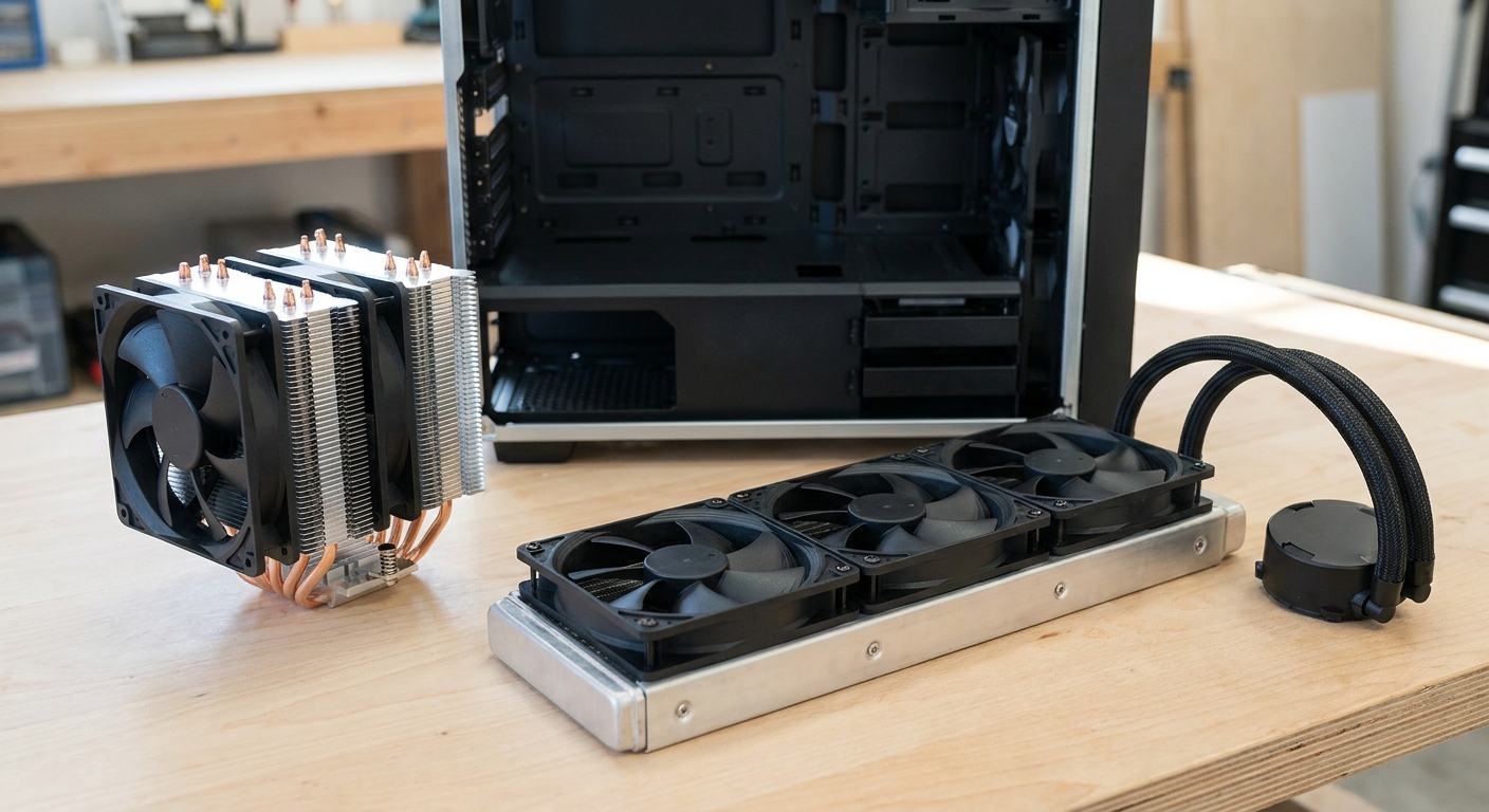 A large dual-tower air cooler standing beside a 360mm liquid cooler radiator with three fans, both on a workbench next to an open PC case A large dual-tower air cooler standing beside a 360mm liquid cooler radiator with three fans, both on a workbench next to an open PC case