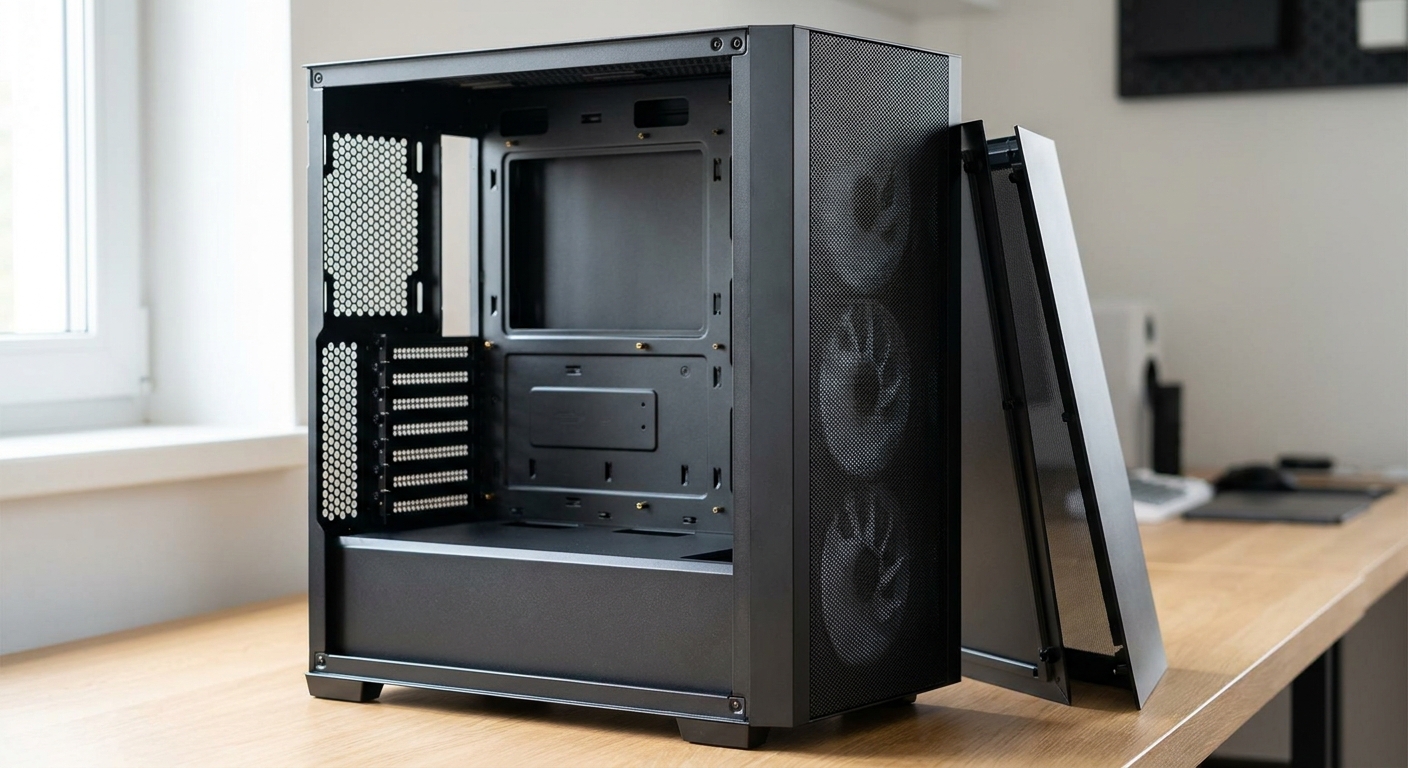 An empty mid-tower PC case standing open on a desk with both side panels removed, showing the mesh front panel and fan mounts An empty mid-tower PC case standing open on a desk with both side panels removed, showing the mesh front panel and fan mounts