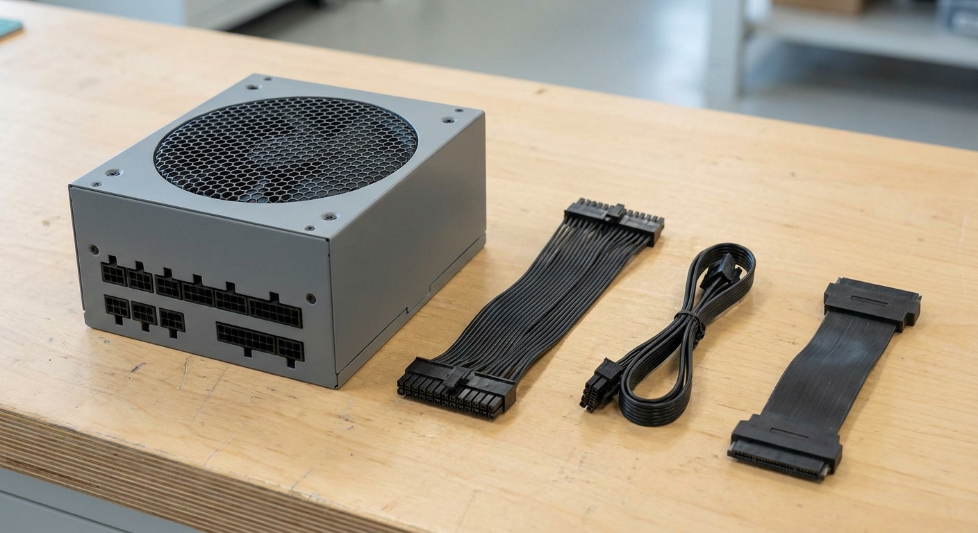 A modular power supply on a workbench with three unconnected cables laid out beside it, none of them plugged in A modular power supply on a workbench with three unconnected cables laid out beside it, none of them plugged in