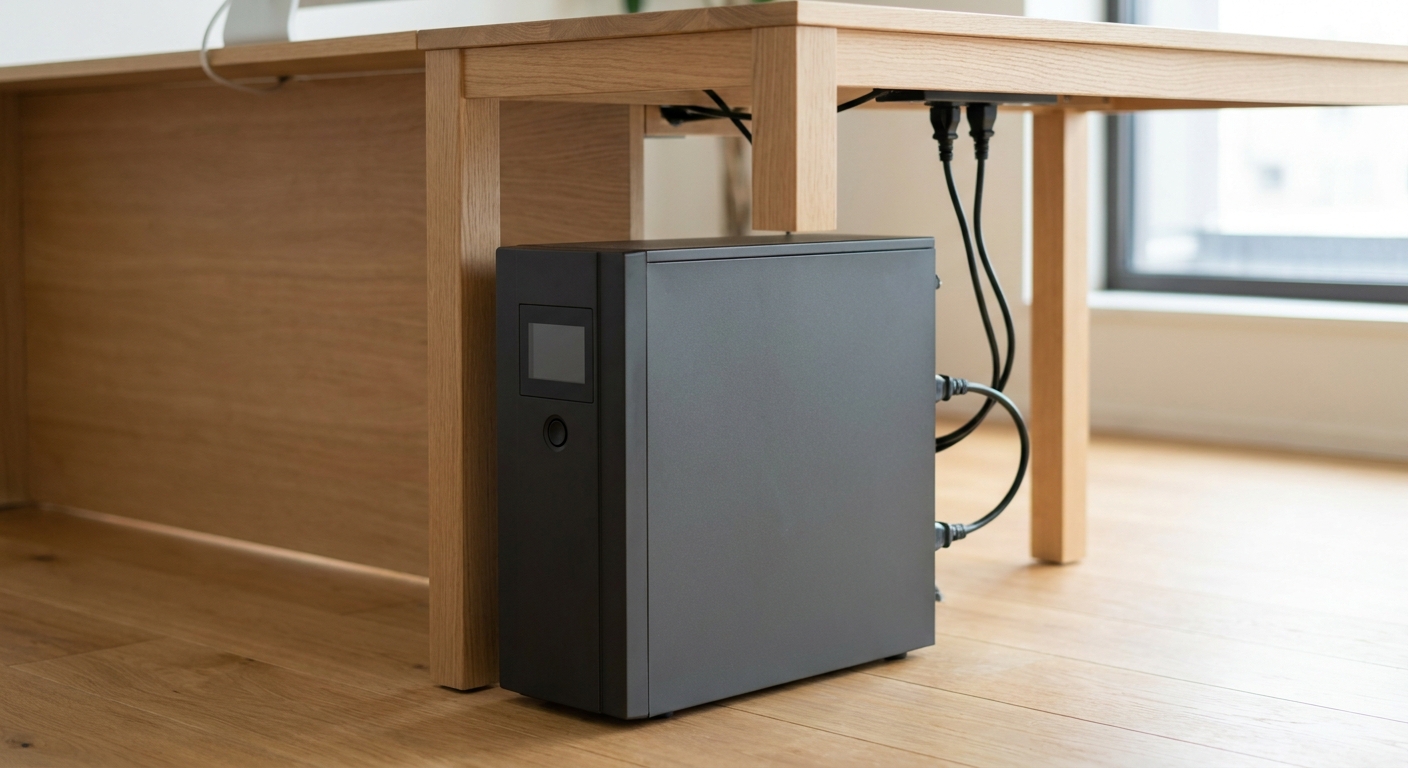 A tower uninterruptible power supply standing on the floor beside a desk with two power cables running into its rear outlets