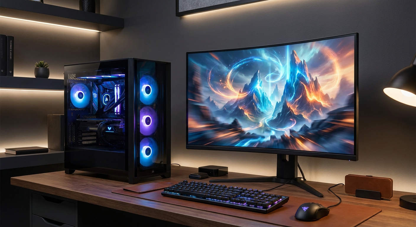 Modern gaming desktop PC beside a monitor displaying a detailed fantasy game scene in a home office