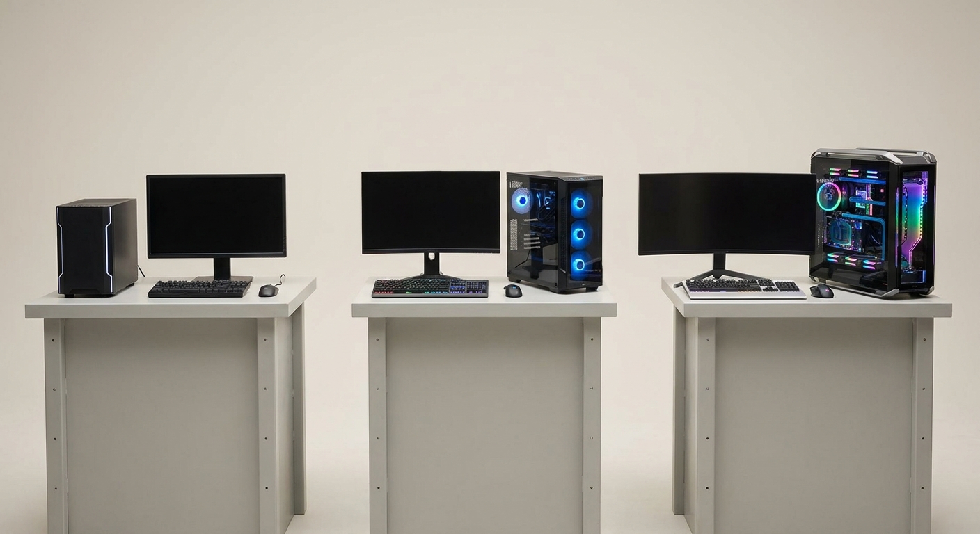 A side-by-side visual comparison of entry-level, midrange, and high-end gaming desktop classes