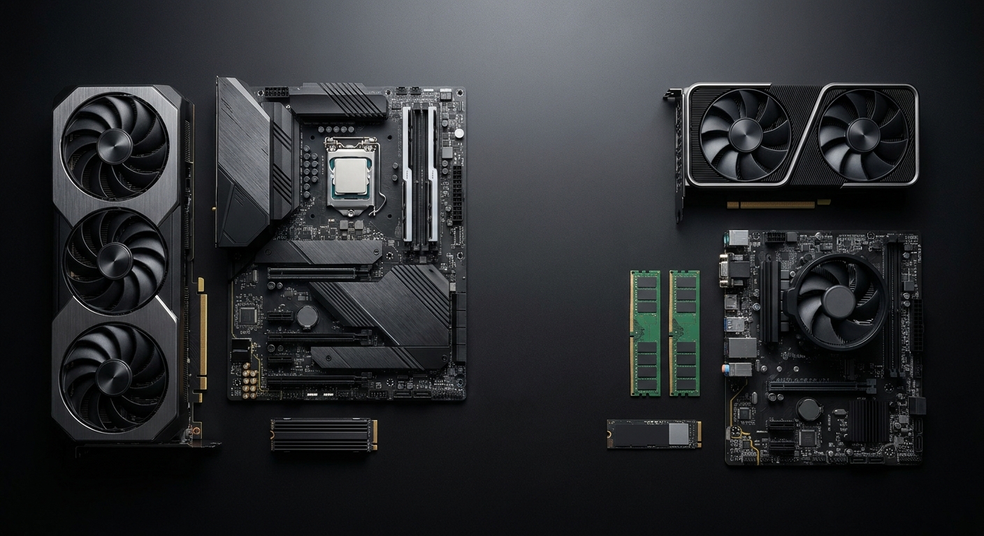 A side-by-side visual comparison of gaming PC components including GPU, CPU, RAM, and SSD.