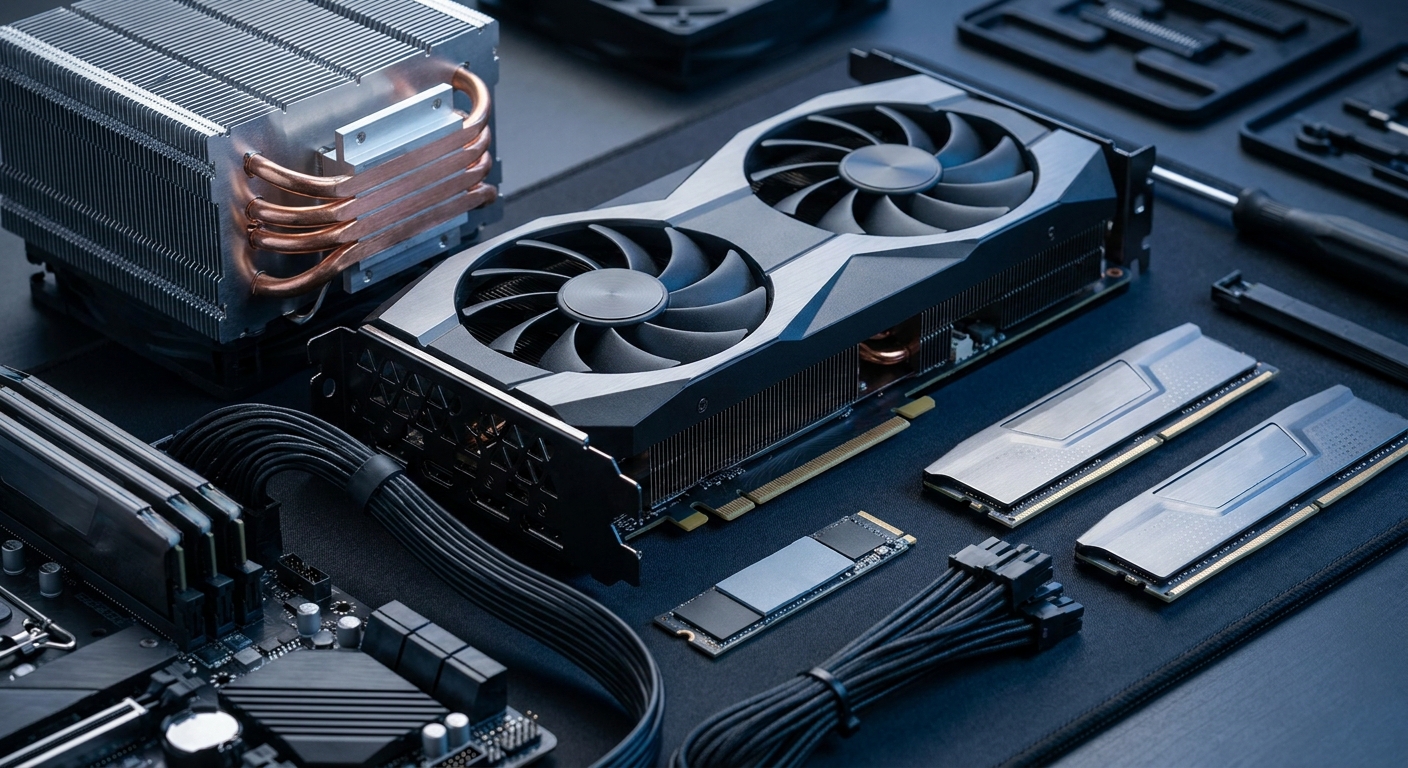Close-up of a gaming desktop graphics card, CPU cooler, RAM modules, motherboard, and NVMe SSD
