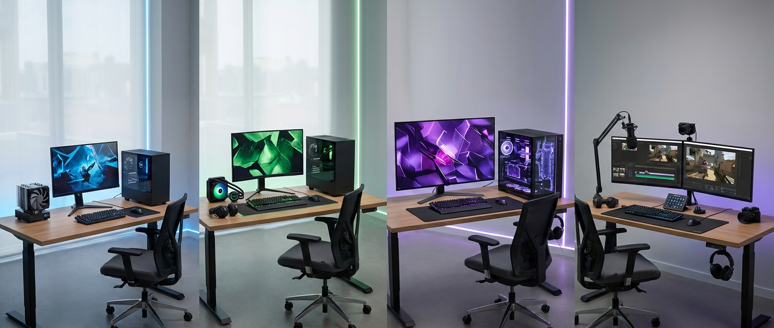 Four gaming desktop setups representing entry-level, mainstream, high-end, and streaming use cases