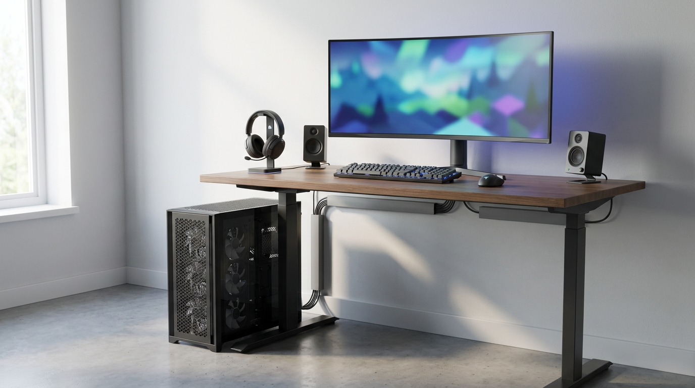 Organized gaming desktop PC setup with clear ventilation, monitor, peripherals, and neatly managed cables