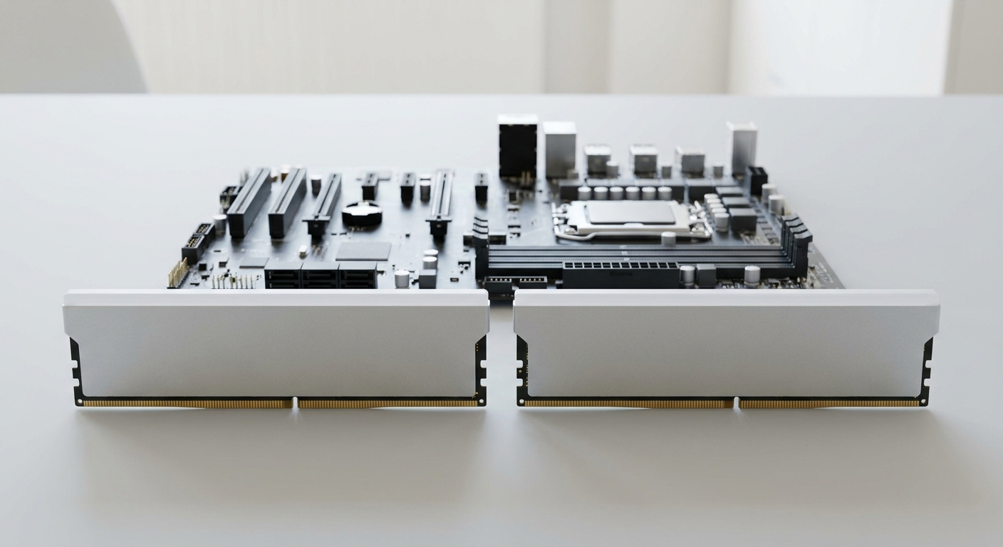 Two DDR5 desktop memory modules with plain metal heat spreaders standing upright side by side on a desk, in front of a motherboard lying flat with its memory slots empty Two DDR5 desktop memory modules with plain metal heat spreaders standing upright side by side on a desk, in front of a motherboard lying flat with its memory slots empty