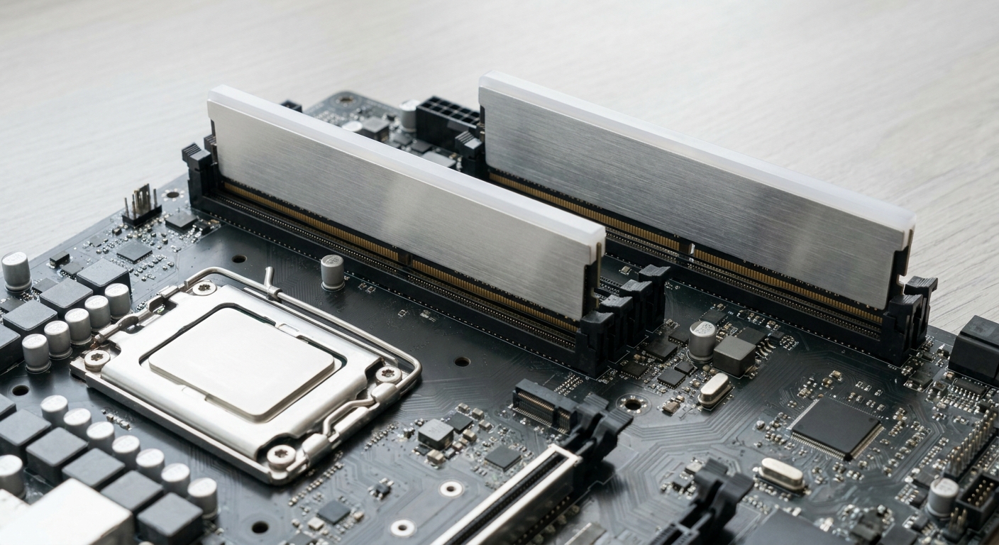 A motherboard lying flat with two DDR5 memory modules seated in the second and fourth slots, and the first and third slots empty A motherboard lying flat with two DDR5 memory modules seated in the second and fourth slots, and the first and third slots empty