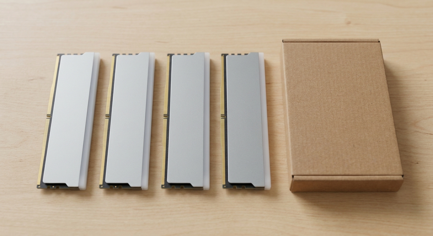 Four identical DDR5 desktop memory modules lying flat in a row on a wooden desk beside a plain closed cardboard box Four identical DDR5 desktop memory modules lying flat in a row on a wooden desk beside a plain closed cardboard box