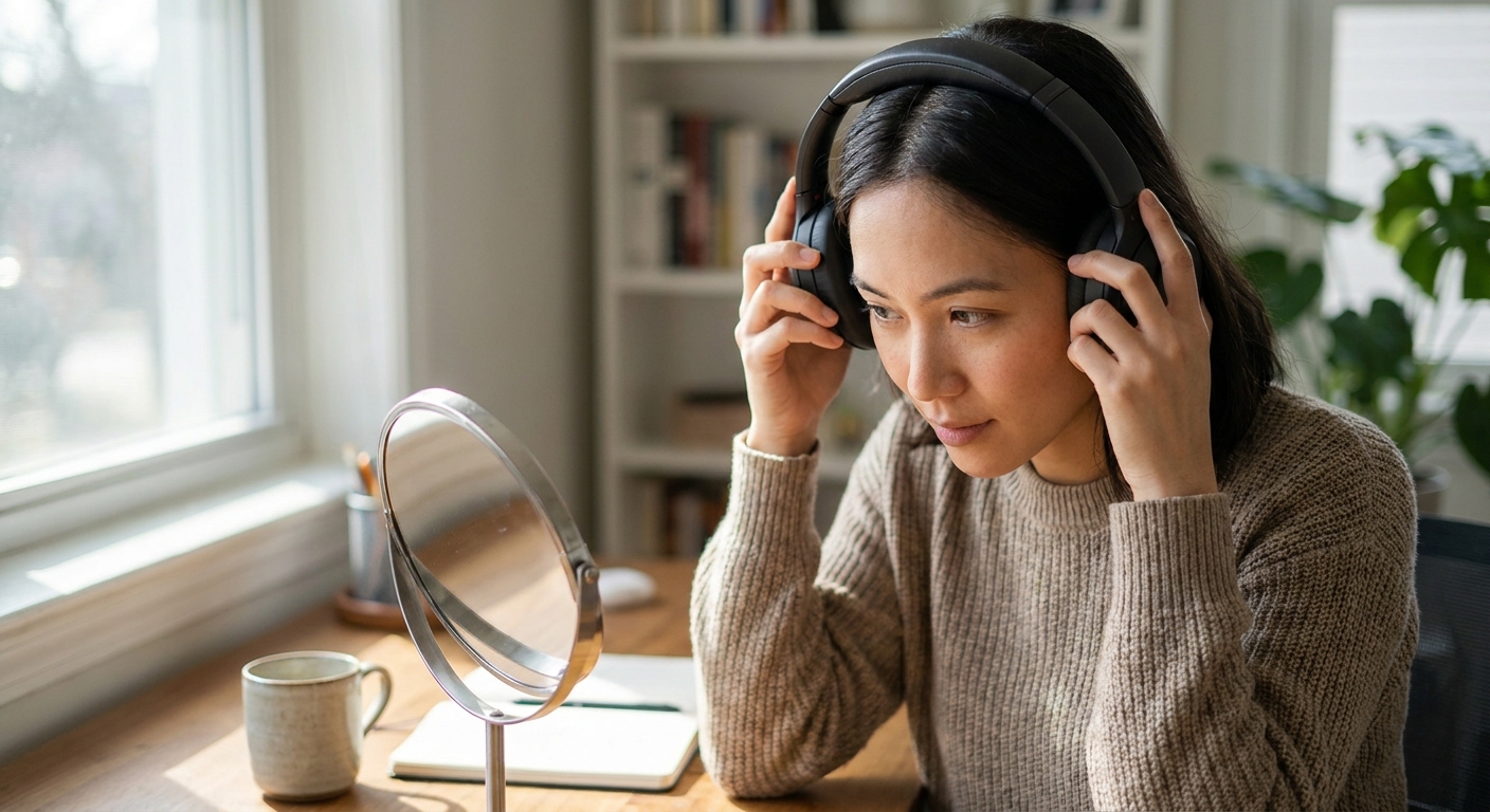 A person adjusting over-ear headphones to reduce pressure and improve alignment
