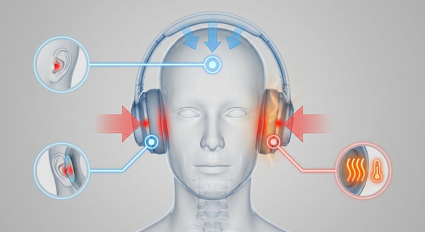 Illustration of common causes of headphone pressure, including clamp force, pad depth, and headband fit