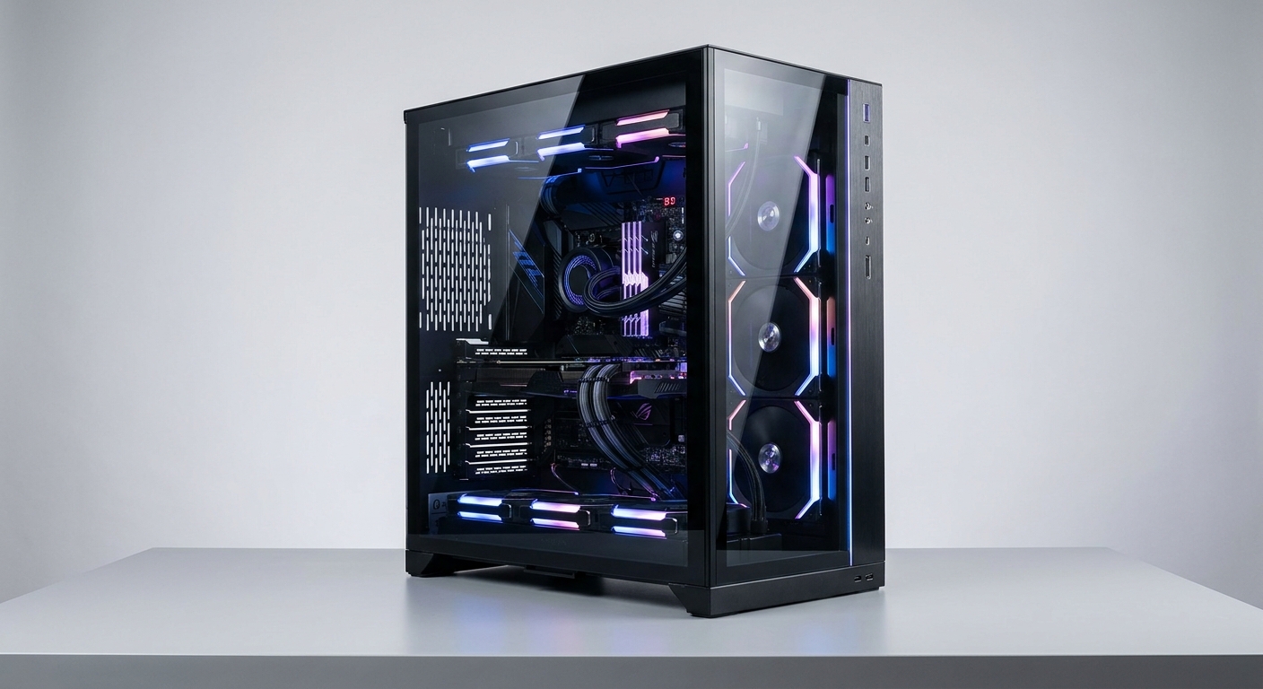 Black dual-glass ATX mid-tower computer case displaying a high-end RGB gaming build