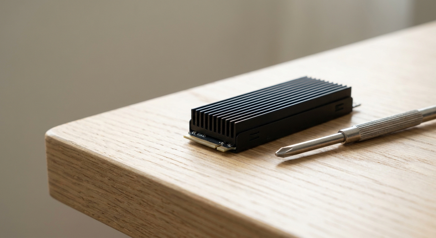 An M.2 NVMe SSD with a black finned heatsink lying on a wooden desk beside a small screwdriver