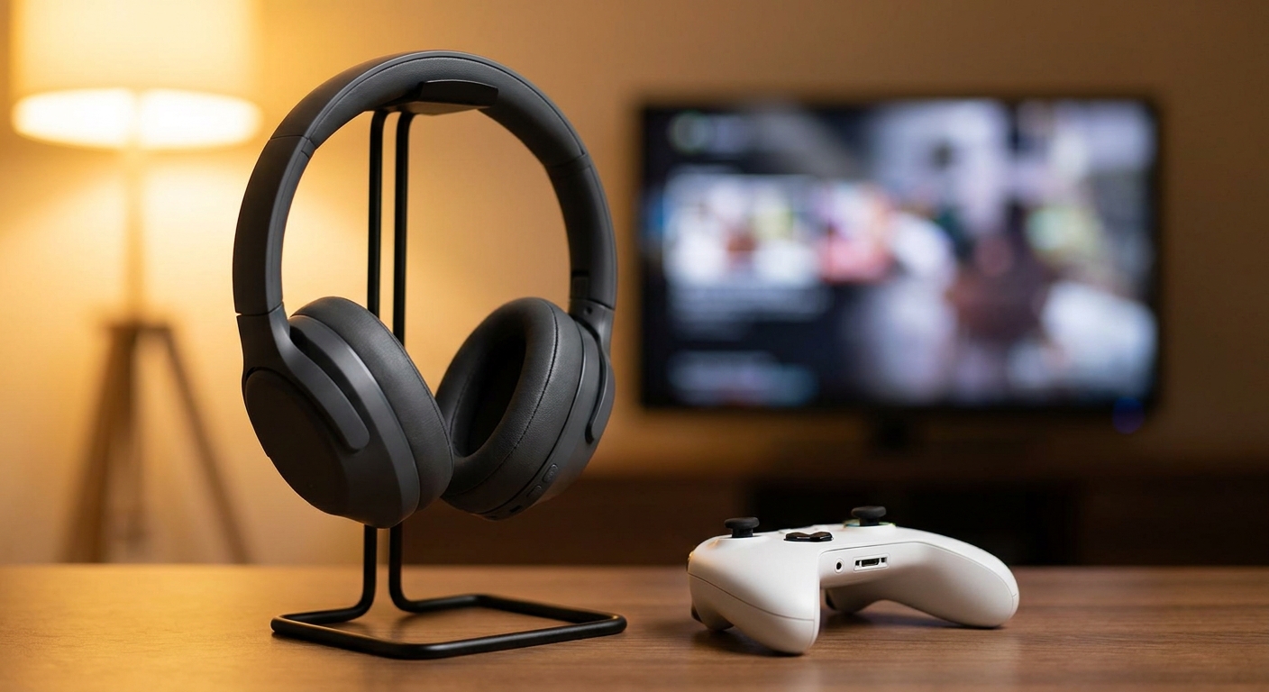 Over-ear gaming headphones on a stand next to a white game controller on a desk