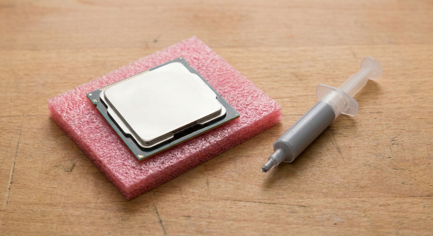 A desktop processor with a silver heat spreader on an anti-static pad next to a syringe of thermal paste
