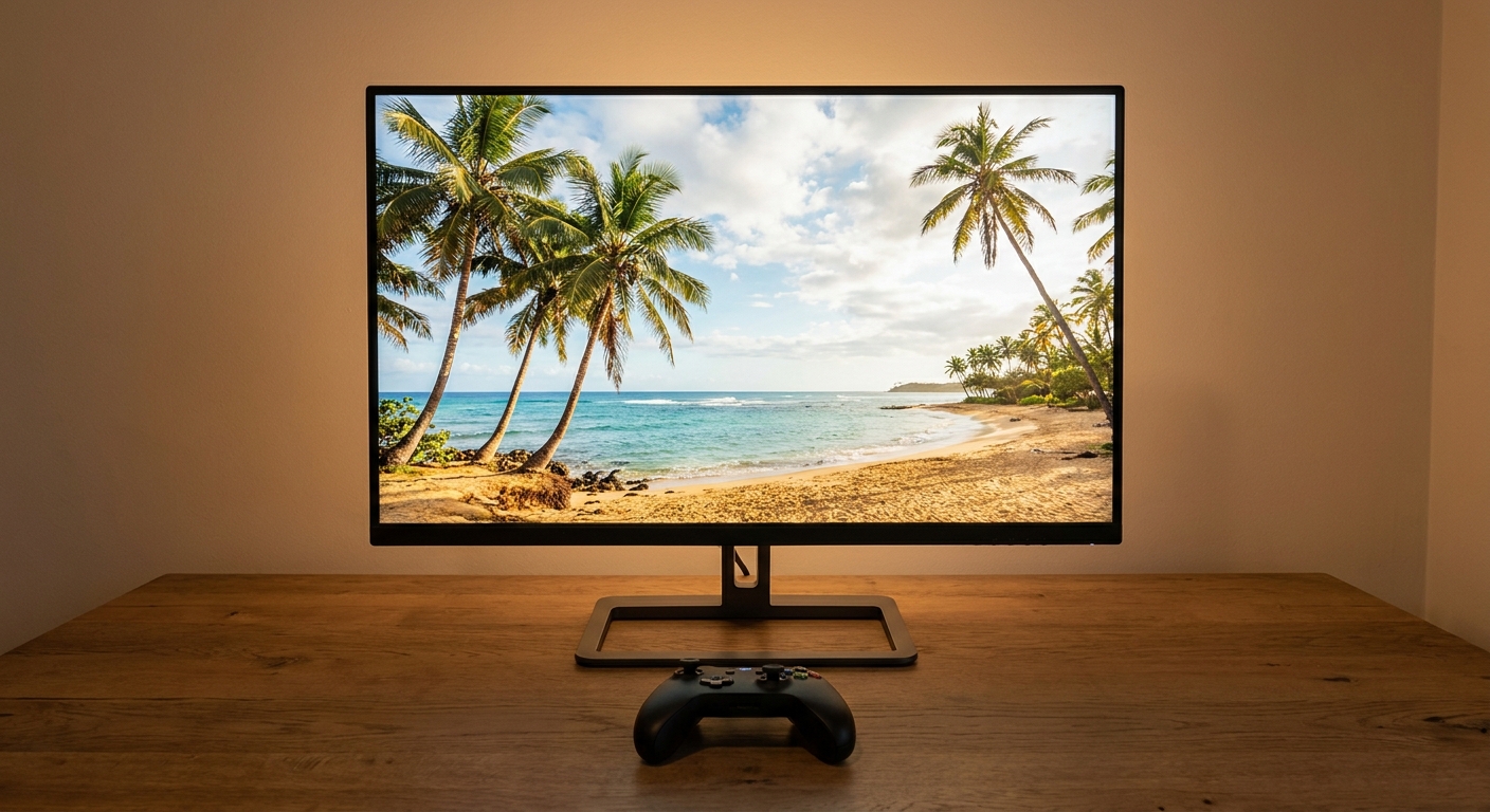 A 32-inch monitor on a wooden desk showing a tropical beach with palm trees, with a game controller in front of it