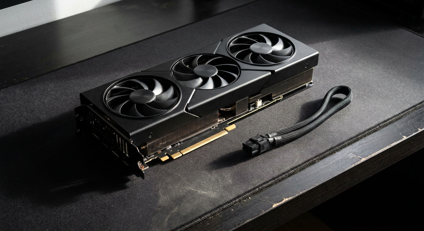 A triple-fan graphics card lying flat on a dark desk mat beside a power cable