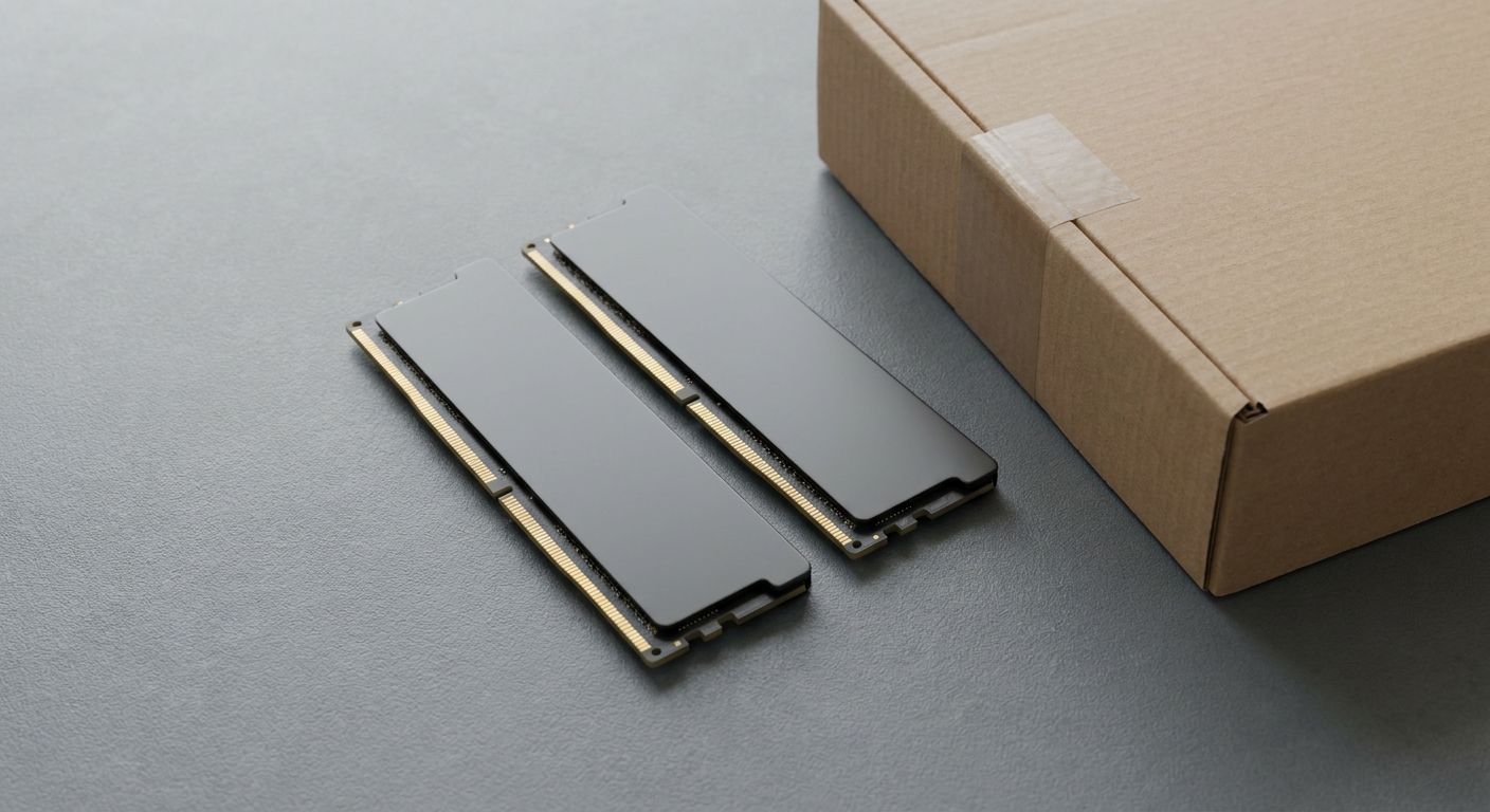 Two black desktop DDR5 memory modules lying side by side on a grey surface next to a cardboard box
