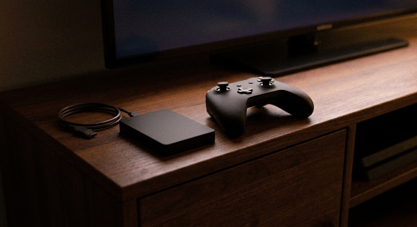 A portable external hard drive with its cable next to a game controller on a TV stand