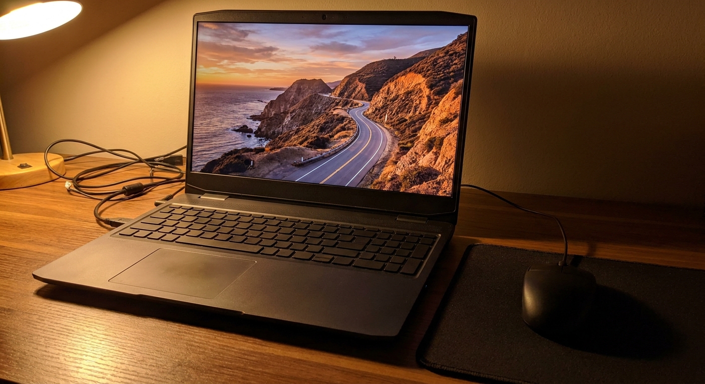 An open gaming laptop on a desk showing a coastal highway at sunset, with a mouse beside it