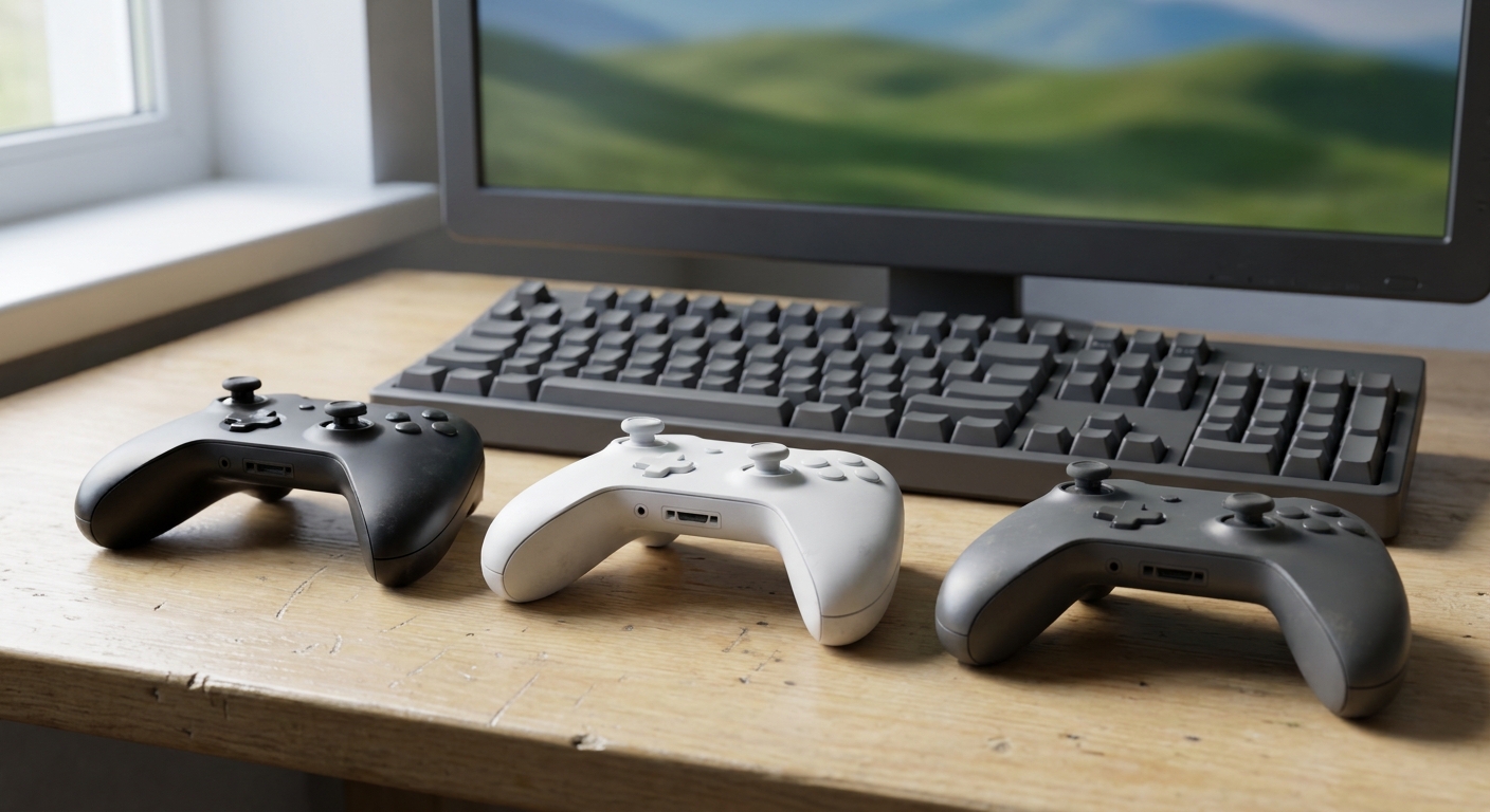 Three game controllers in black, white and grey on a desk in front of a keyboard and monitor