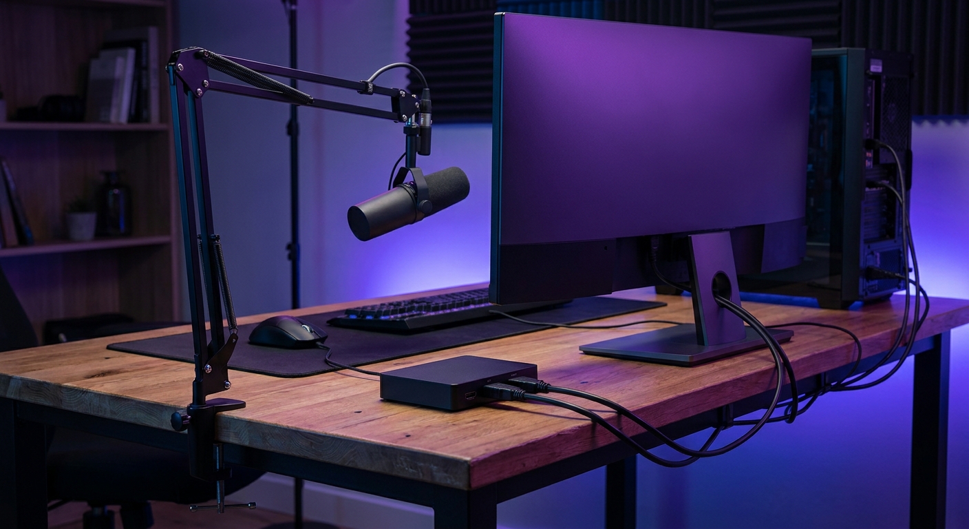 A small capture box with HDMI cables on a streaming desk next to a monitor and a boom-arm microphone