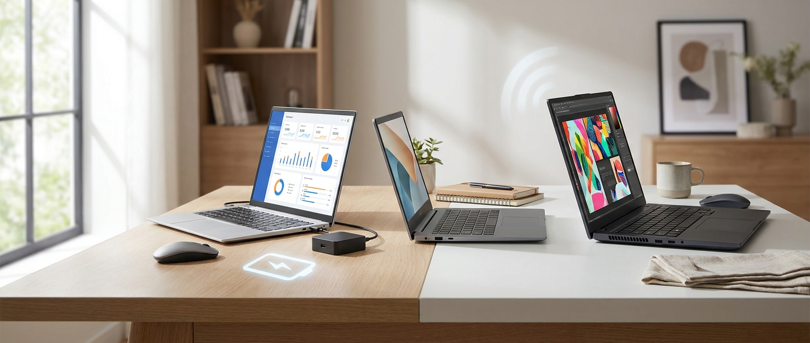 Three modern unbranded laptops arranged for comparing work, study, and entertainment needs in a bright contemporary workspace