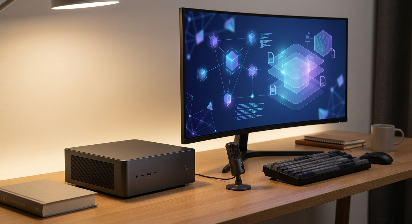Compact AI mini PC workstation beside a monitor with abstract visuals representing private local language model processing