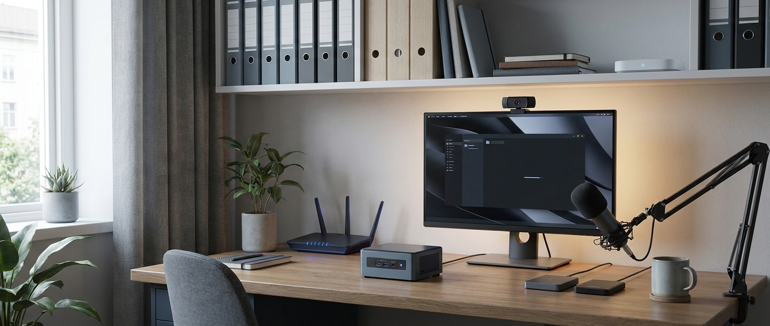 Mini PC serving as a private local edge computer in a home office with connected devices and document storage