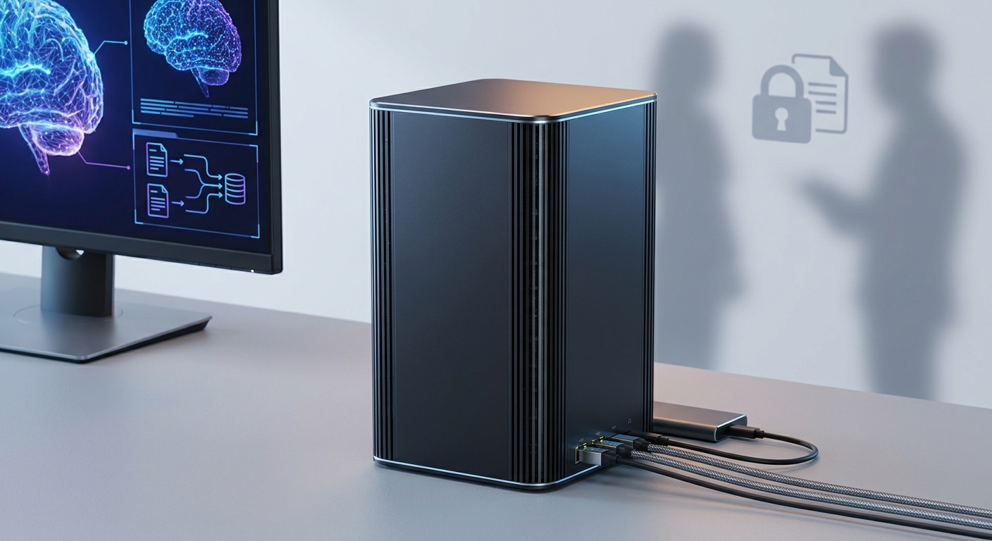 Compact AI mini workstation configured as a secure local inference node with network and storage connections
