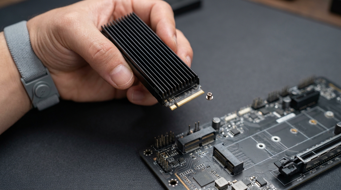 A PCIe Gen5 M.2 NVMe SSD with an aluminum heatsink being installed into a motherboard M.2 socket