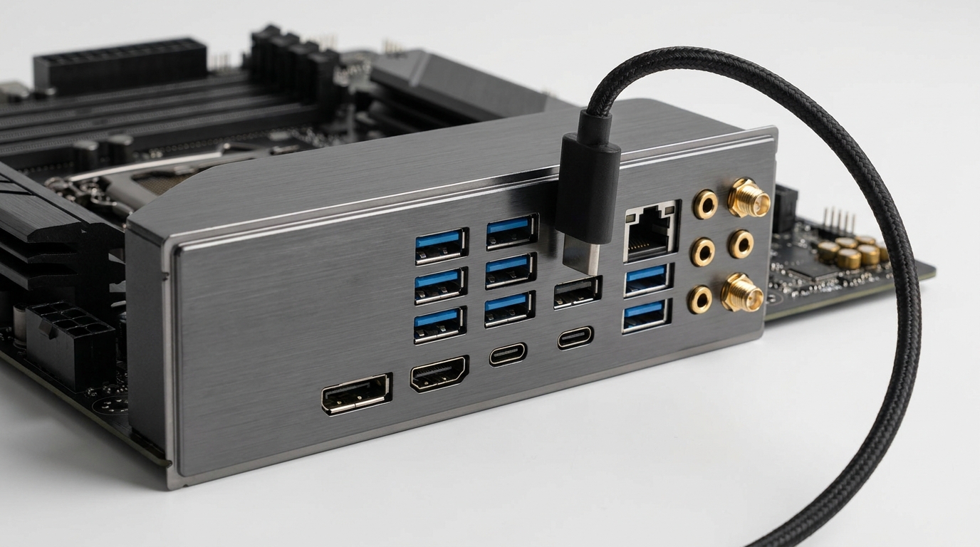 Rear I/O panel of a premium desktop motherboard with USB Type-A and Type-C ports, Ethernet, video outputs and antenna connectors