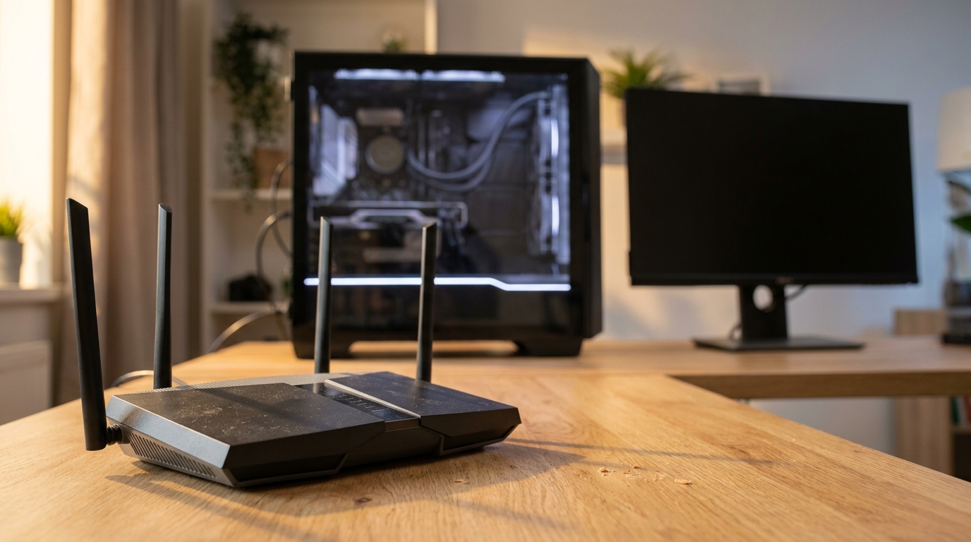 A tri-band Wi-Fi 7 router on a desk with a glass-side desktop PC out of focus behind it