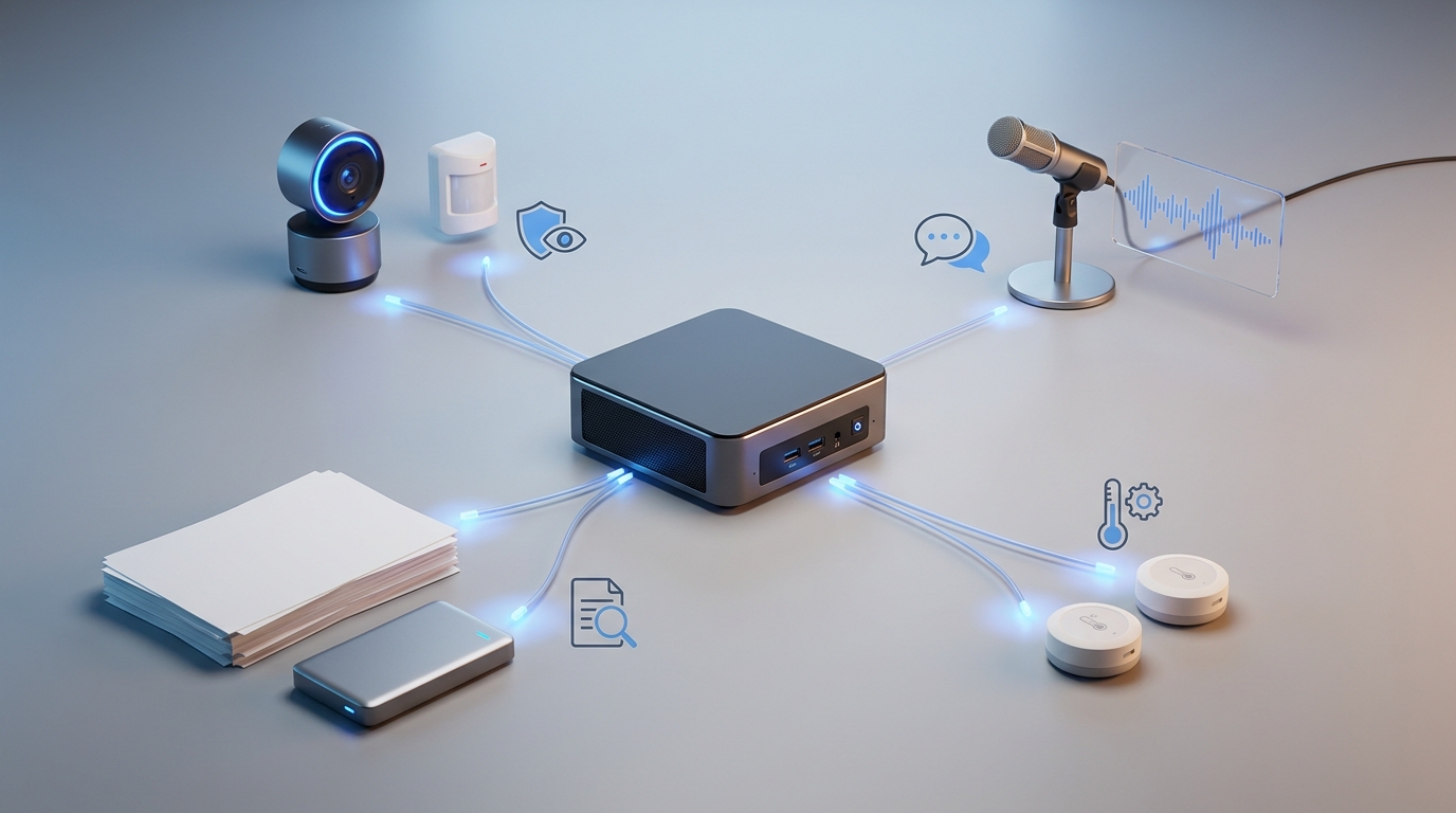 Mini PC connected to cameras, microphones, private documents, and smart-home sensors for local AI processing