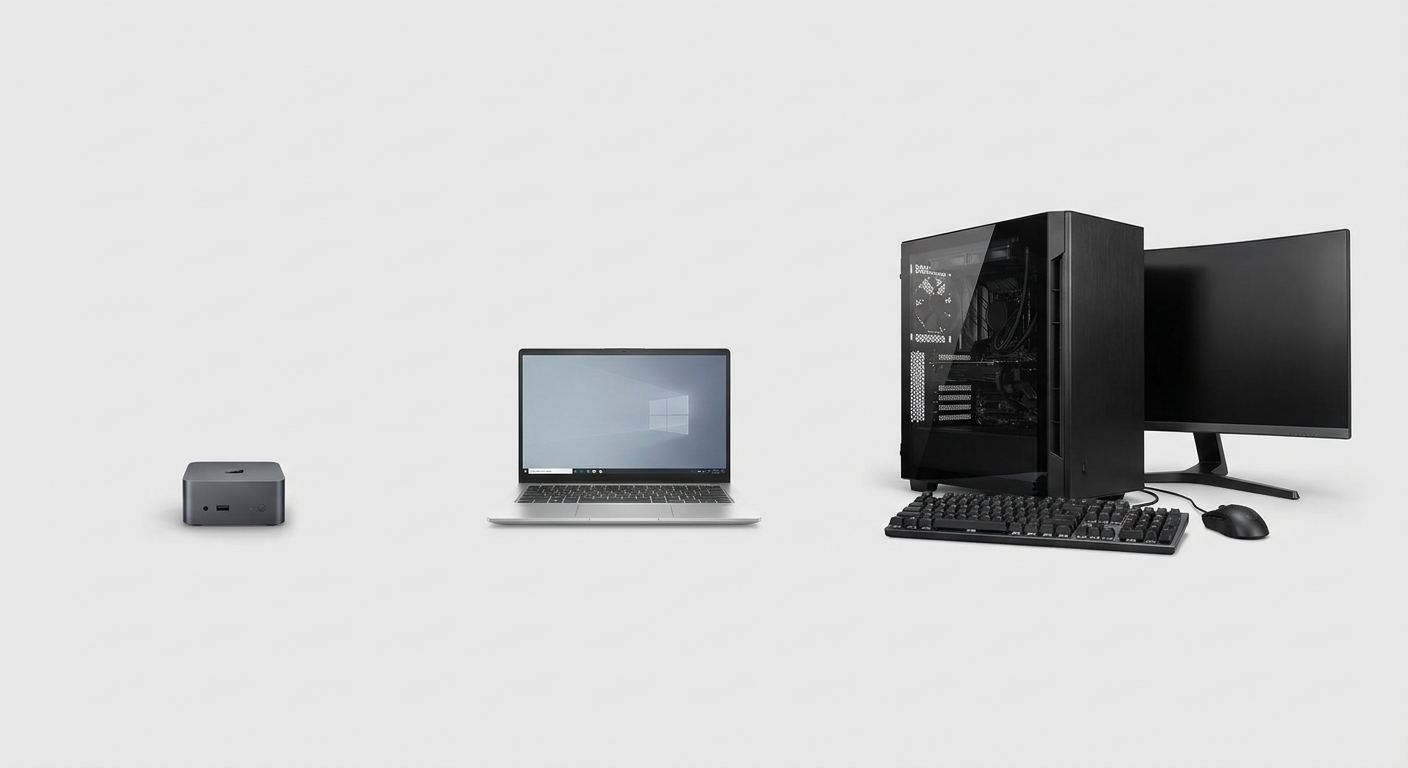 A visual comparison of Mini PC, laptop, and desktop tower form factors