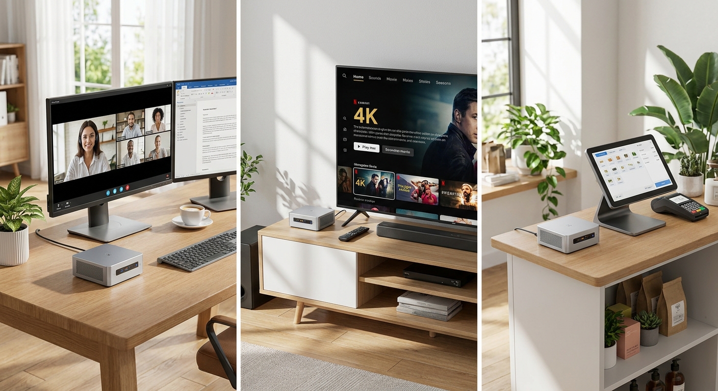 A Mini PC used in a home office, media setup, and small workspace context