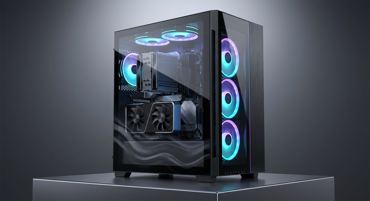 MXZ gaming desktop tower with a windowed side panel, visible internal components, and multiple RGB fans