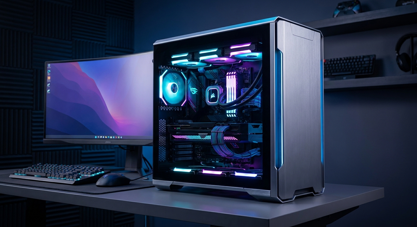 High-performance gaming desktop with a dedicated RTX 4070-class graphics card, transparent side panel, and colorful RGB fans