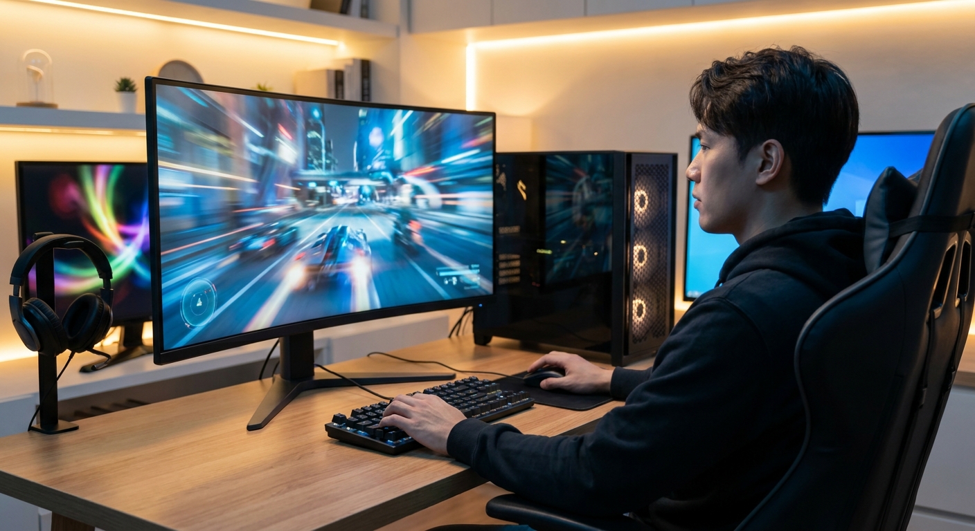 PC gamer using a gaming desktop with a high-refresh monitor, keyboard, mouse, and headset